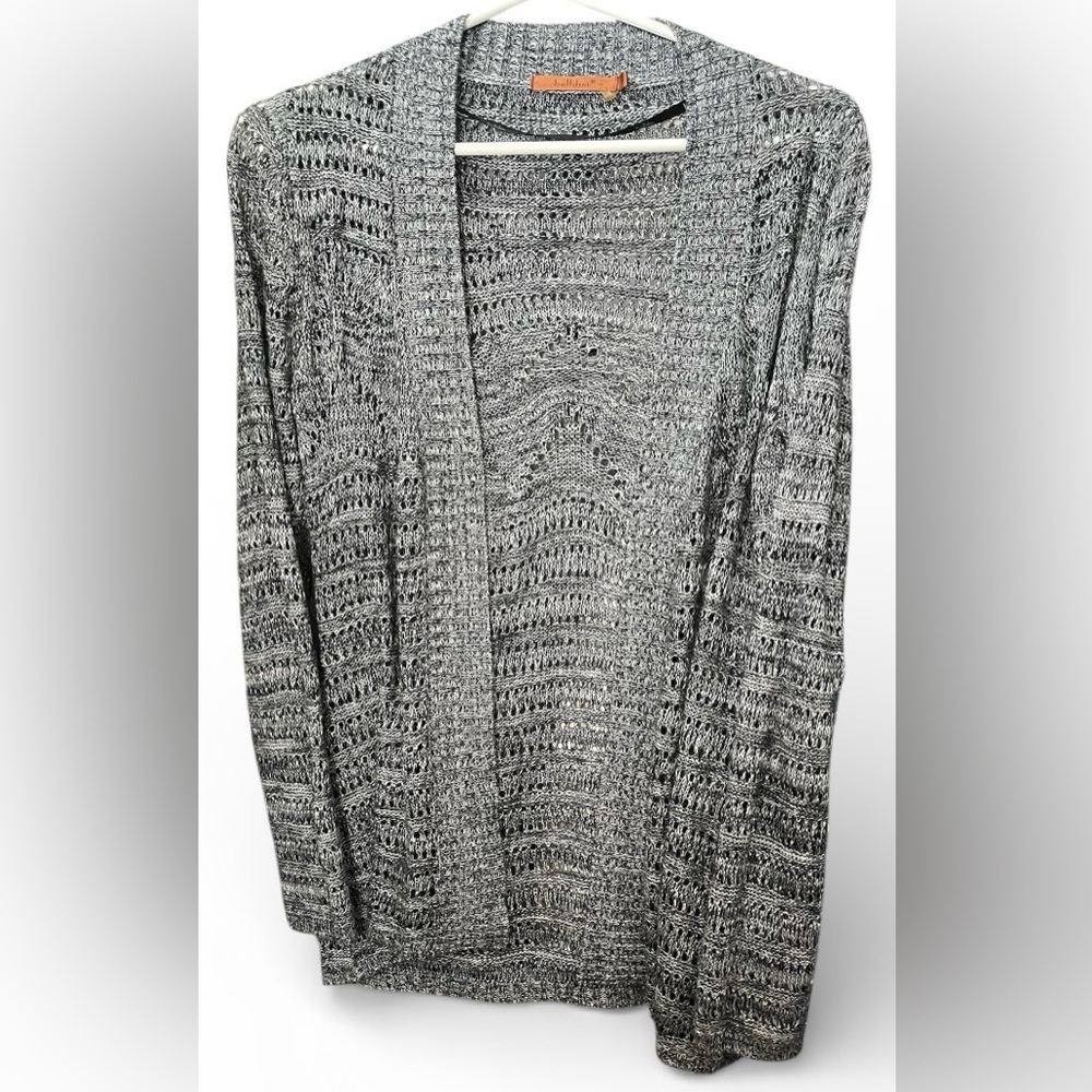 Belldini Open‎ Knit Cardigan Small Gray White Lightweight Long Sleeve - Picture 2 of 7